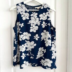 White & Blue Floral Sleeveless Blouse - Medium